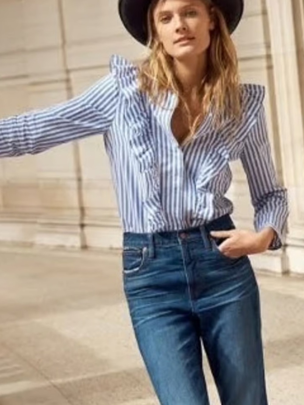 Madewell Blue and White Striped Ruffle Button-Down Shirt